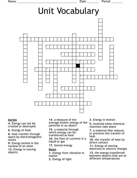 Unit Vocabulary Crossword Wordmint