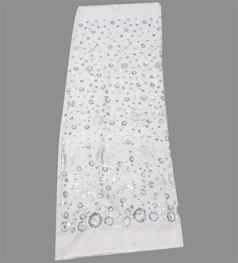 Embroidered White And Silver Georgette Sequence Fabric For Clothing At