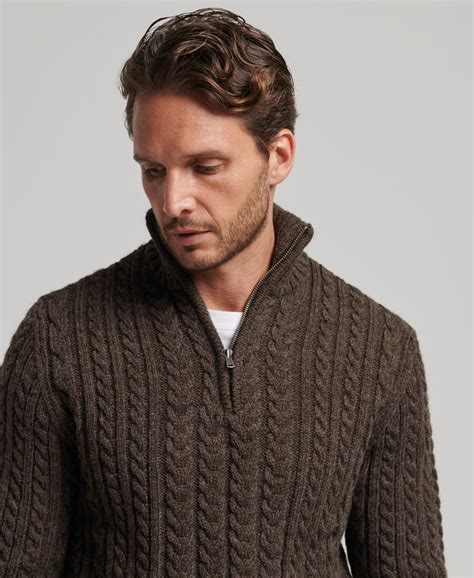 Homme Pull en maille torsadée à demi zip Vintage Jacob Chocolat