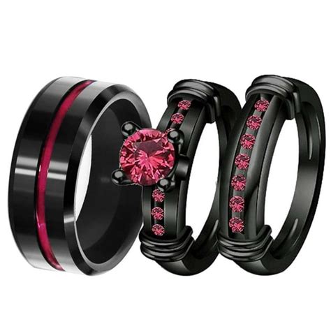 Matching Ring Couple Rings Black Gold Plated 1ct Red Cz Wedding Ring