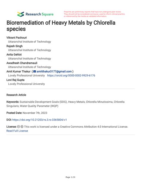 Pdf Bioremediation Of Heavy Metals By Chlorella Species