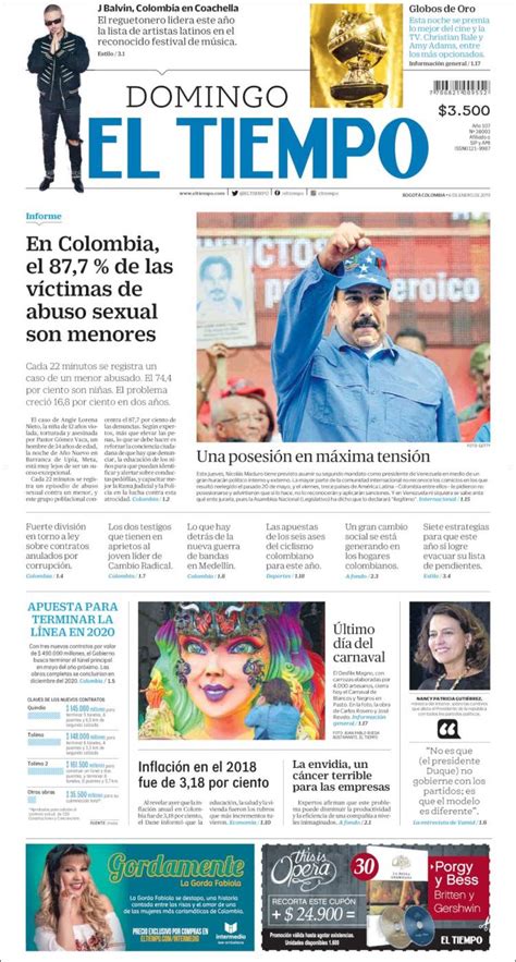 Periódico El Tiempo Colombia Periódicos De Colombia Edición De Domingo 6 De Enero De 2019