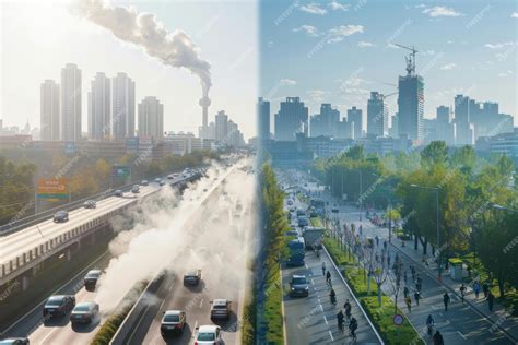 contrasting urban pollution  green city living traffic  air