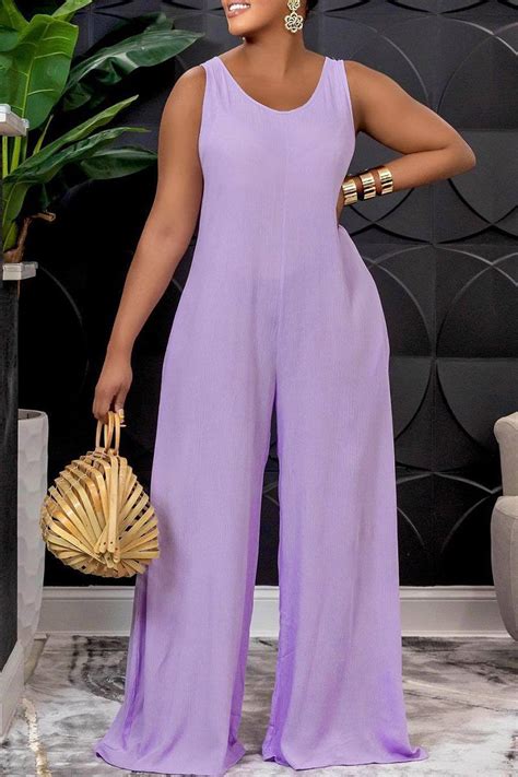 Purple Casual Solid Split Joint Frenulum Backless O Neck Straight Jumpsuits Long Pant Jumpsuit