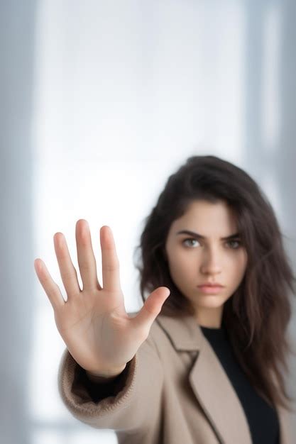 Uma mulher está de pé em frente a uma parede branca a mão levantada