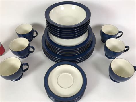 DENBY England Blue And White Dinnerware Stoneware 27 Pieces