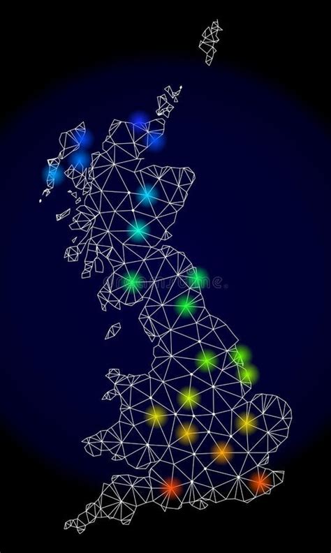 Polygonal Network Mesh Map Of Great Britain With Bright Light Spots