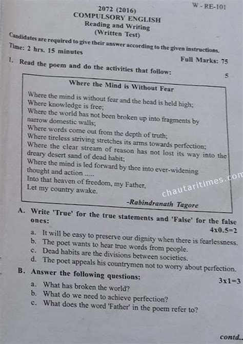 Class 10 C English Question Paper Slc 2072