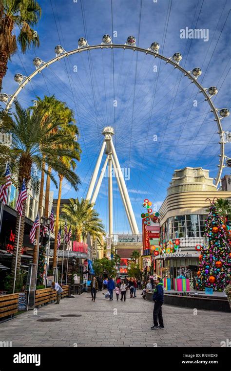 Shops at the shopping street The Linq Promenade, behind The High Roller ...