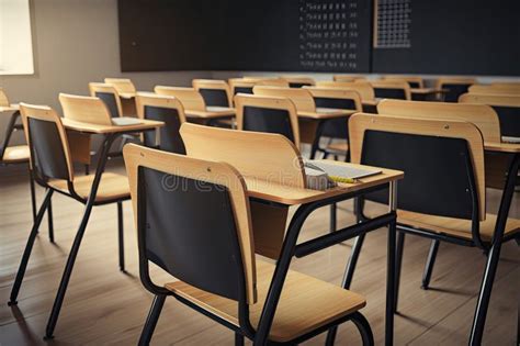 Row Of Empty Wooden Lecture Chairs In Modern Classroom Setting With Blackboard And Other