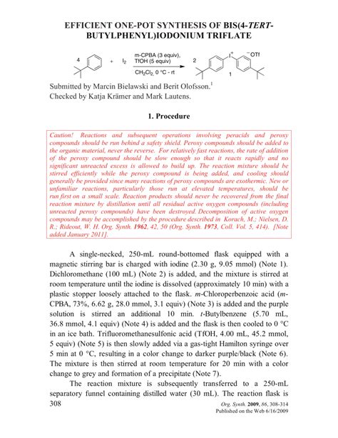 Pdf Efficient One Pot Synthesis Of Bis 4 Tert Butylphenyl Iodonium Triflate