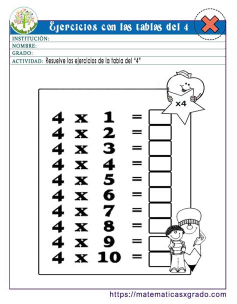 Ejercicios De La Tabla De Multiplicar Del 4 Para Imprimir