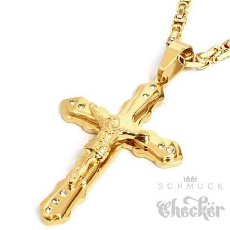 Grosses Kreuz Gold Jesus K Vergoldet Edelstahl Damen Herren Anh Nger