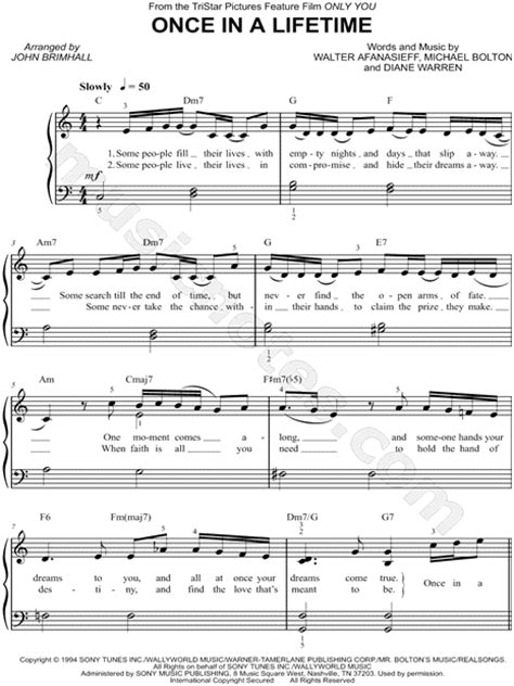 Michael Bolton Once In A Lifetime Sheet Music Easy Piano In C Major Download And Print Sku