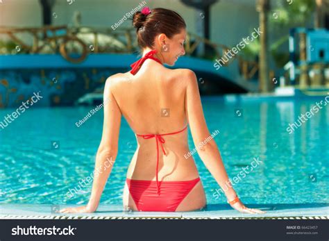 Portrait Beautiful Girl Red Bikini Pool Stock Photo Shutterstock