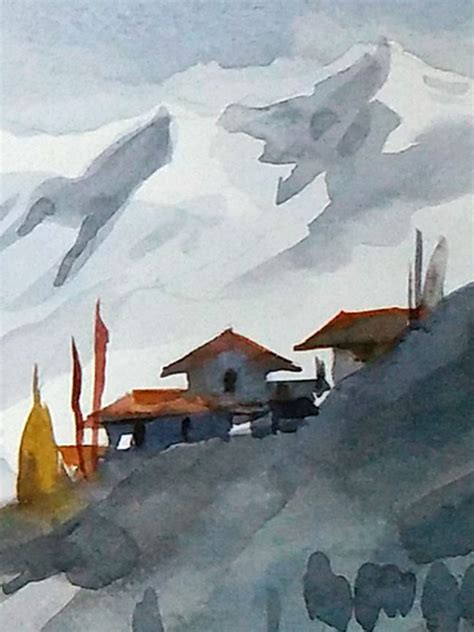 Beauty Of Calm Himalaya Peaks Watercolor On Paper By Samiran Sarkar