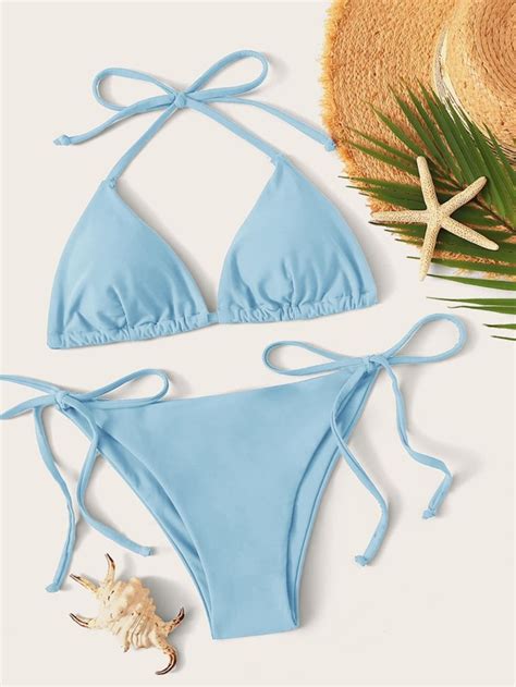 Shein Swim Vcay Conjunto De Bikini Unicolor Sujetador Triangular Y