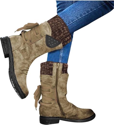 Winter Boots For Women Round Toe Side Zipper Lace Up Cowgirl Boots Women Winter Mid Calf Low