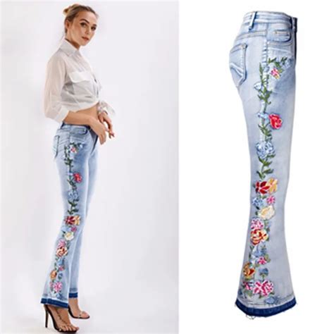 Ladies Casual High Waist Flare Embroidered Blue Jeans Women Streetwear Skinny Vintage Jeans