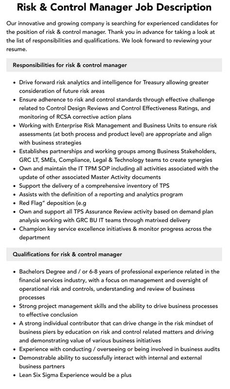 Risk Control Manager Job Description Velvet Jobs