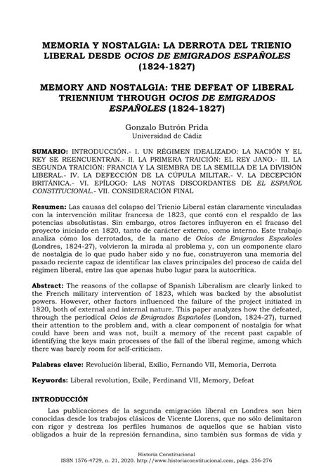 Pdf Memoria Y Nostalgia La Derrota Del Trienio Liberal Desde Ocios