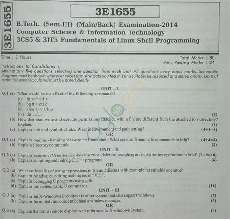 RTU Question Papers 3 Semester CS IT Fundamental Of Linux