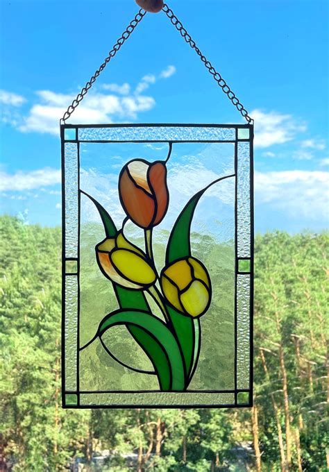 Tulip Stained Glass Panel Flower T 6 Colors Window Hanging Etsy