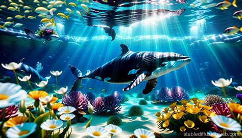 Mysterious Underwater Flower Field With Whale Stable Diffusion Online