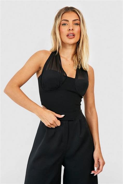 Black Mesh Twist Shoulder Longline Corset Top Boohoo Uk