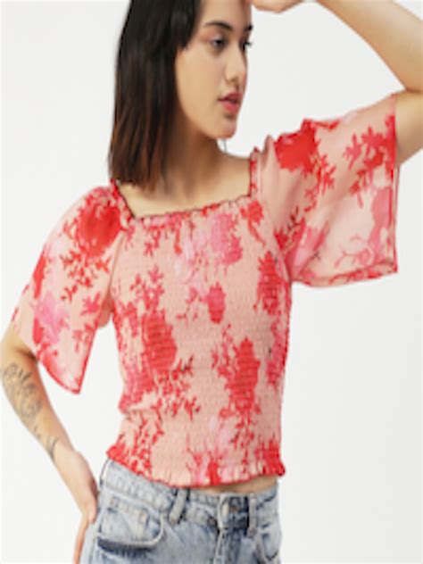 Buy Moomaya Floral Printed Flared Sleeves Smoked Crop Top Tops For