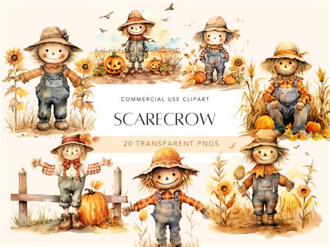 Watercolor Scarecrow Clipart For Halloween Designs Autumn Etsy