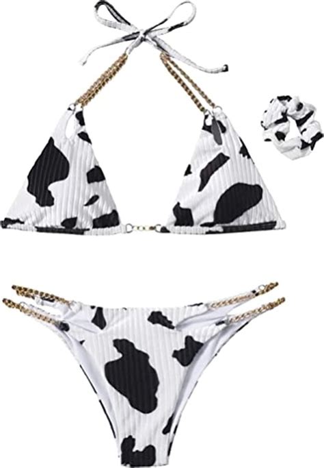 Koitniecer Womens Cow Print Bikini Set Halter Triangle Top Chain Link Cutout Bottom Swimsuit