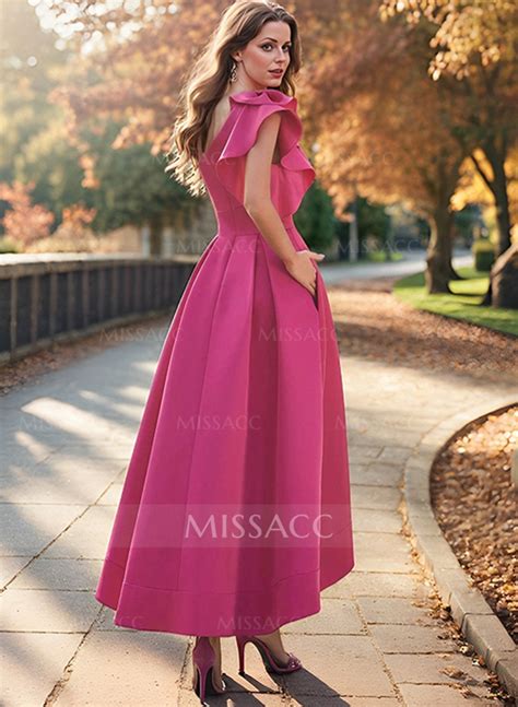 A Line One Shoulder Asymmetrical Satin Evening Dresses With Pockets Missacc