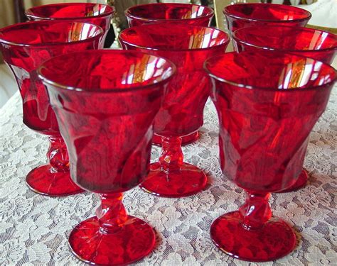 Vintage Mid Century Set Of Eight 8 Fostoria Ruby Red Goblets In Jamestown Pattern Holiday