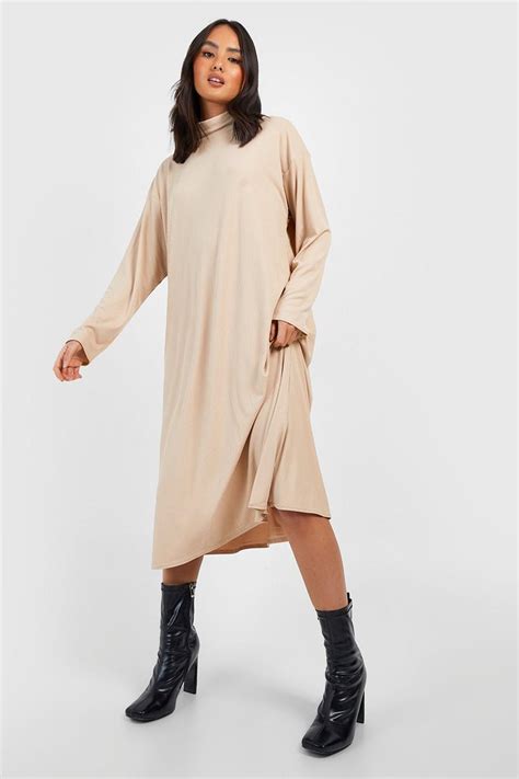 Brushed Rib Roll Neck Oversized Midi Dress Boohoo