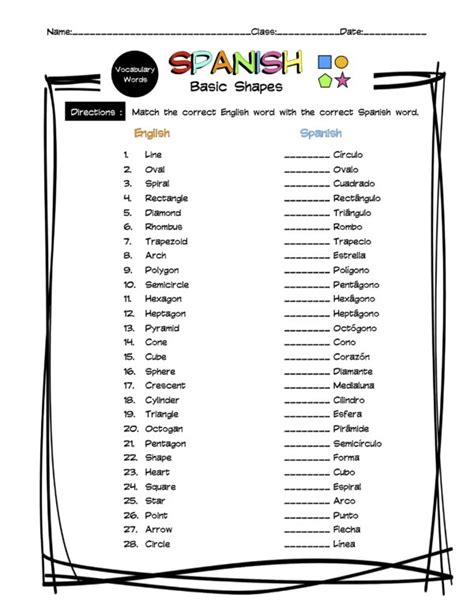 Spanish Basic Shapes Vocabulary Matching Worksheet And Answer Key Made