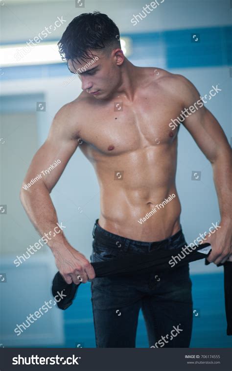 Man Naked Torso Removes His Jacket Stock Photo 706174555 Shutterstock