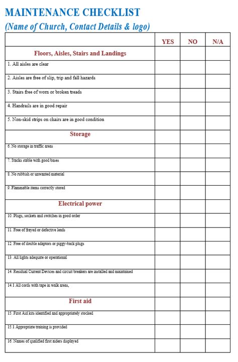Church Maintenance Form Check Church Property For Repairs And