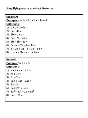 Differentiated Simplifying Worksheet Teaching Resources