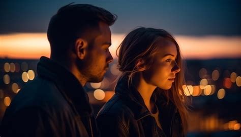 Joven Pareja Se Abraza En La Naturaleza Al Atardecer Generado Por Ia