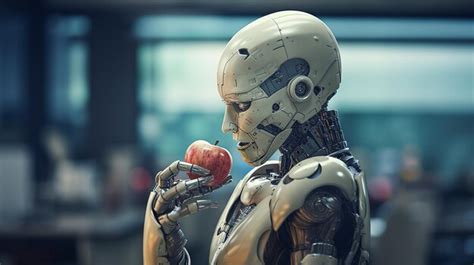 Premium Ai Image A Robot Eating An Apple