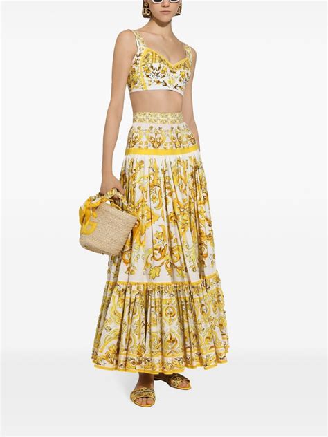 Dolce And Gabbana Majolica Print Pleated Maxi Skirt Yellow Farfetch