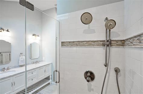 Shower With Gray And Blue Mosaic Border Tiles Transitional Bathroom