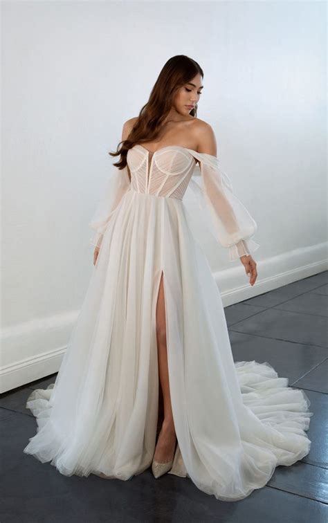 A Line Wedding Dress With Off The Shoulder Bell Sleeves Kleinfeld Bridal