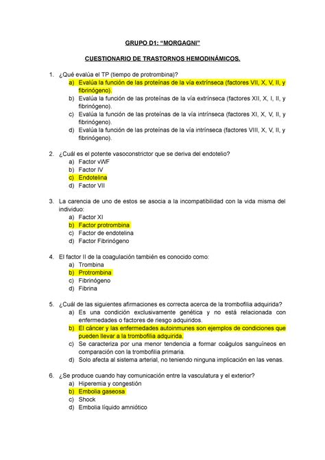 Cuestionario De Trastornos Hemodin Micos Grupo D Morgagni