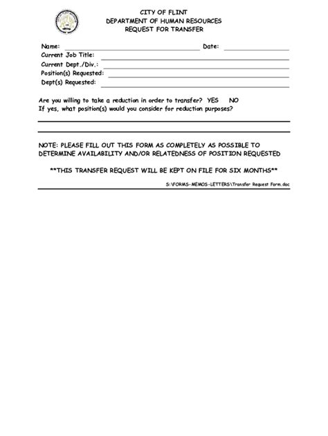 Fillable Online Transfer Request Form City Of Flint Fax Email Print