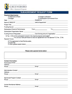 Fillable Online Uncg Subagreement Request Form Fax Email Print Pdffiller