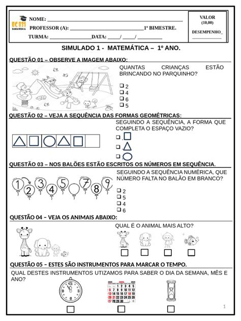 Simulado 1 Ano Matematica - Simulado de Matemática 1º Ano | PDF
