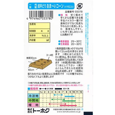 トーホク 野菜の種種子 とうもろこし 極早生・超早どりあまーいコーン 種 （追跡可能メール便発送 全国一律370円）03378