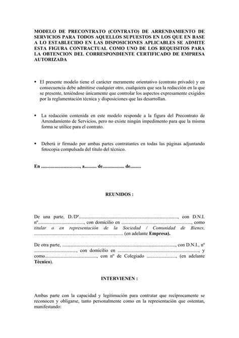 Modelo De Precontrato Contrato De Arrendamiento De